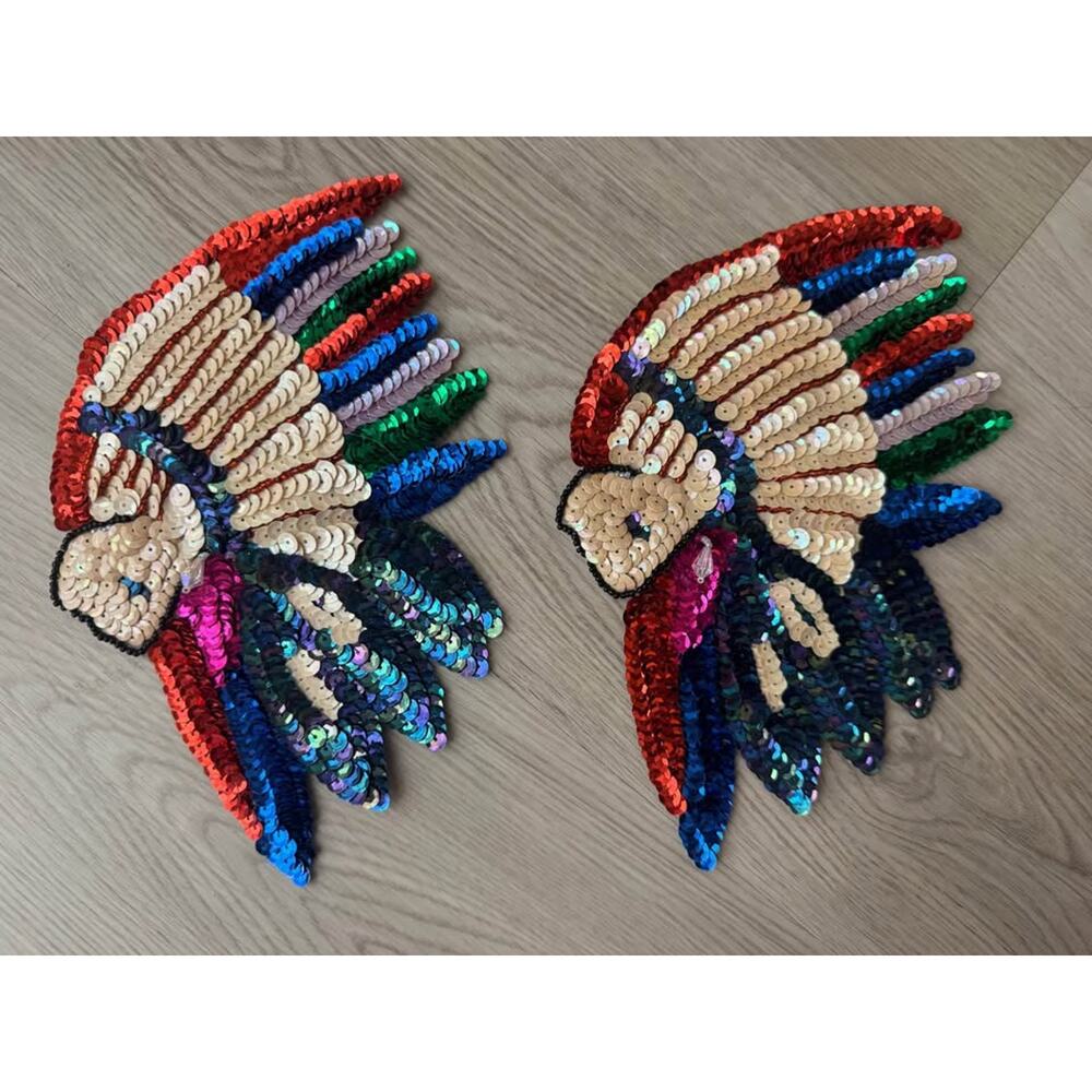 New Vintage Colorful Sequin Native American Headdress Appliqué Patch - Lot of 2